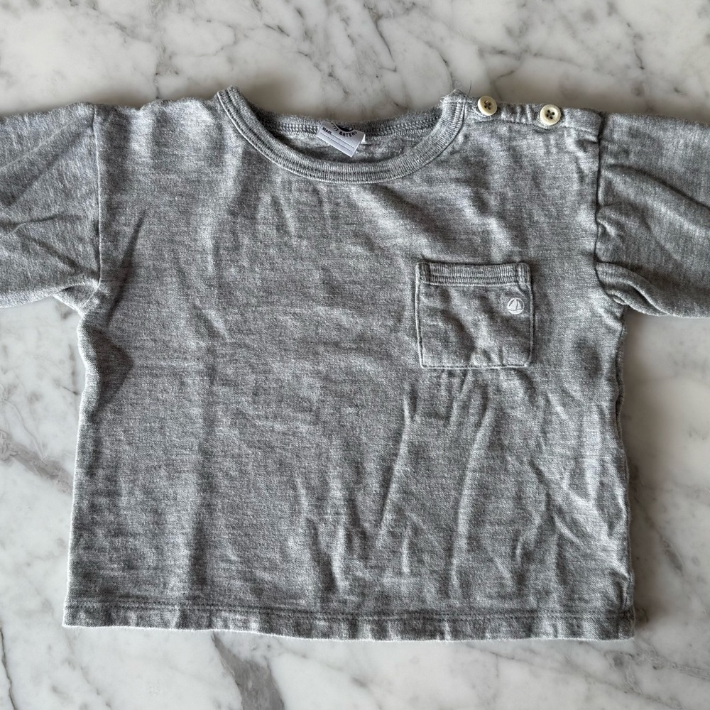 Petit Bateau Gray Kids Shirt with Pocket and buttons on shoulder, Size 24 months